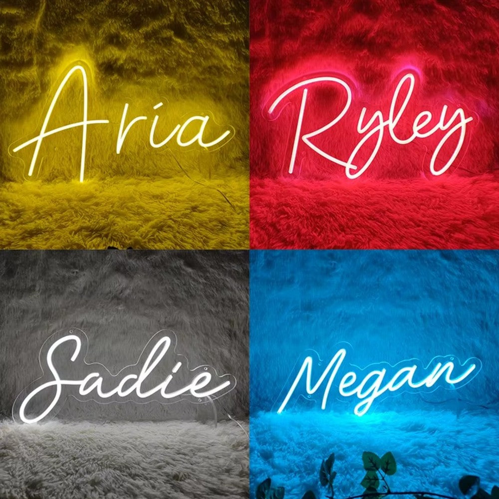 Quatre néons prénoms en jaune, rouge, blanc et bleu